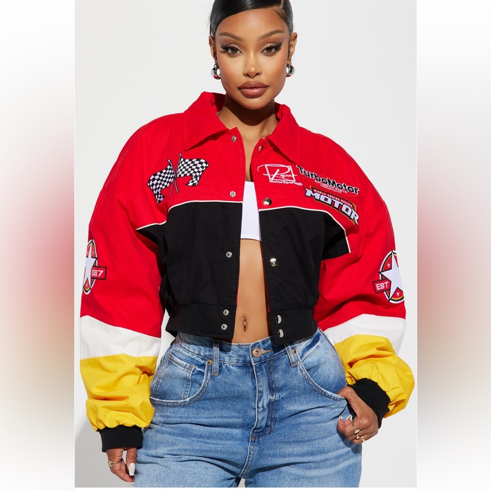 NWT Fashion Nova Need For Speed Bomber Jacket - Red/combo - Women’s Size Small